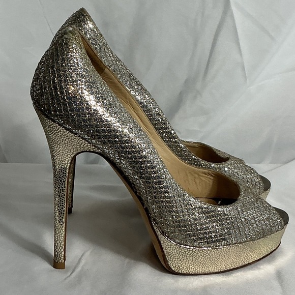 Jimmy Choo Shoes - Jimmy Choo Champagne Gold Glitter Peep Toe Platform Pumps Heels Size 38